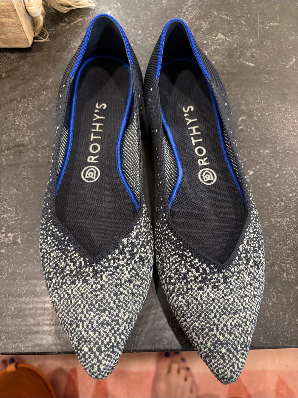 Rothy's Black and White Pointed Knit Flats with Blue Trim
